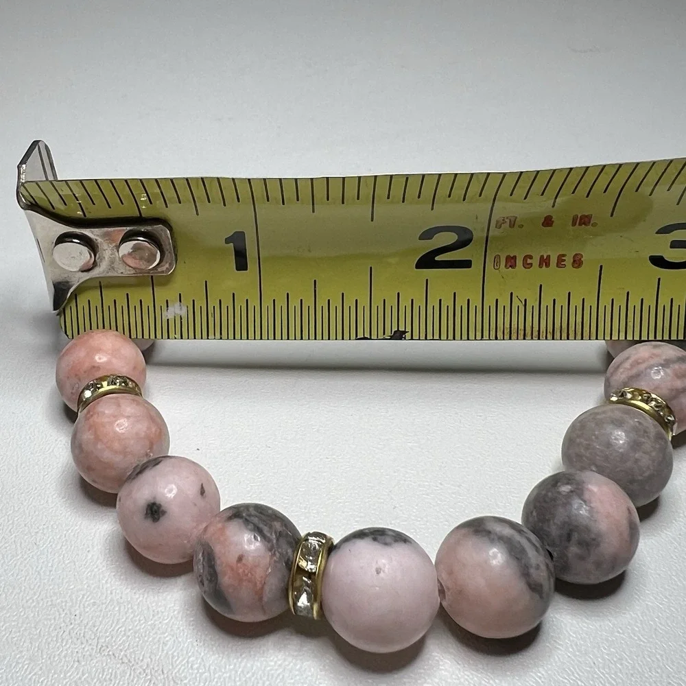 Vintage‎ Natural Pink Zebra Jasper, Crystal & Rhinestone Stretch Beaded Bracelet